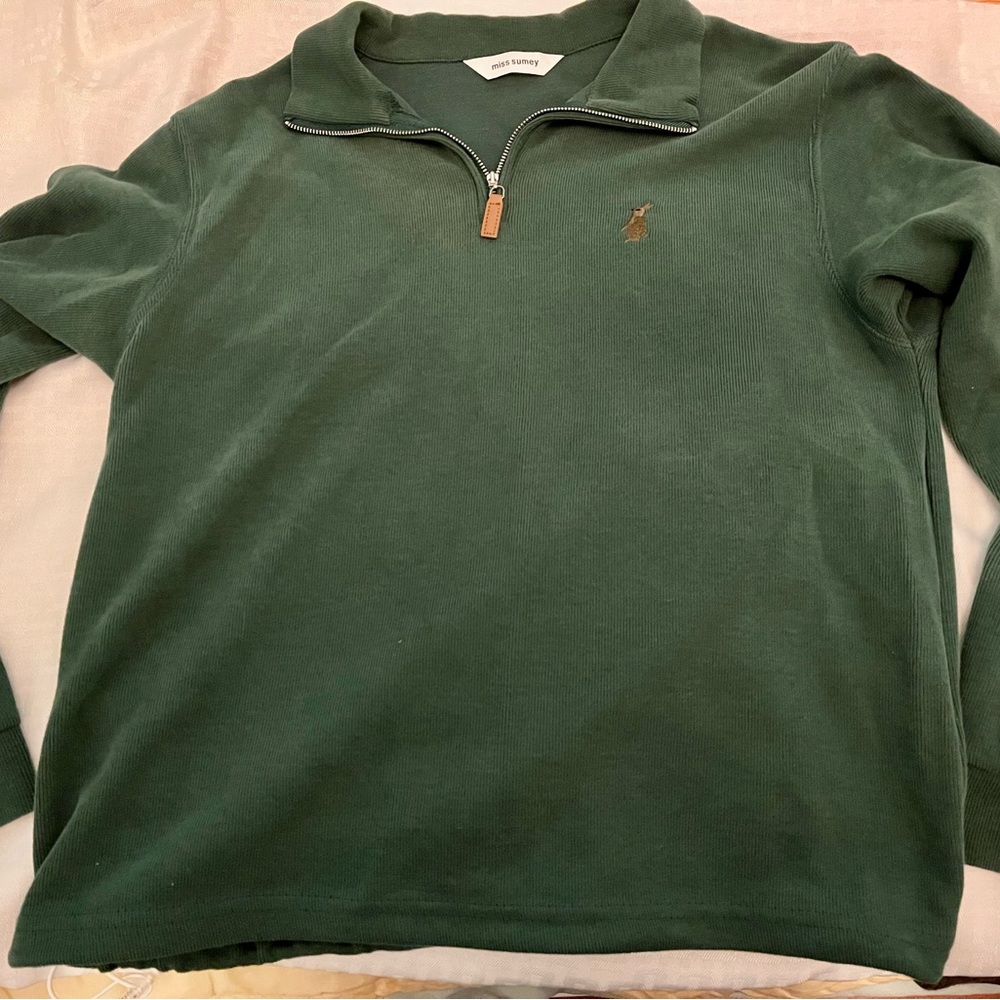 Green Embroidered Quarter Zip Collared Sweatshirt from YesStyle